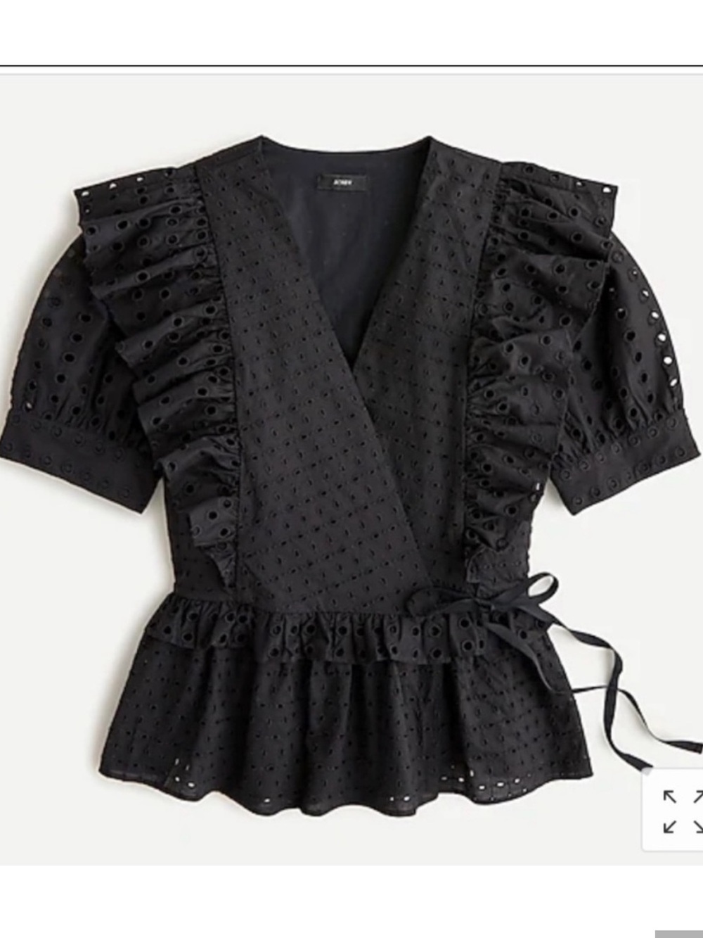 J. CREW Black Eyelet Ruffle Wrap Blouse Top Cotton Size M